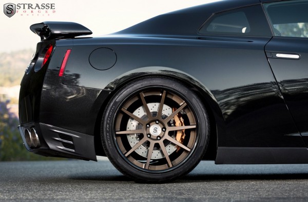 Black Nissan GT-R on Bronze Strasse Forged Wheels rear right wheel side