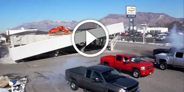 Four Chevy's pull down a building! John Watson Chevrolet in Ogden UT