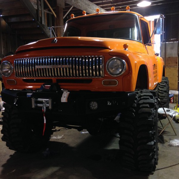 12v Cummins 1965 International Stepside front three quarters in garage