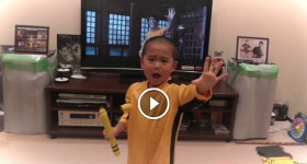 My son(5year old) acting Bruce Lee's nunchaku scene
