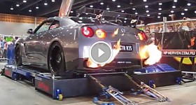 Nissan GTR R35 shooting flames of the exhaust pipes