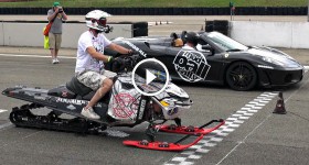 Snowmobile Races Vs. Ferrari 458 and F430 Spider in Drag Race!! - Modball Rally 2015