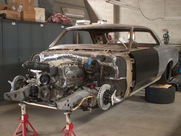 So-Cal Speed Shop 1966 Chevrolet Chevelle LS7 body going on the chassis