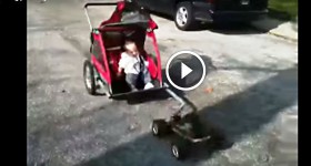 baby being pulled by rc car
