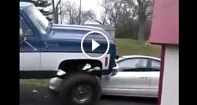 Cheating girlfriend's car gets run over by boyfriends truck