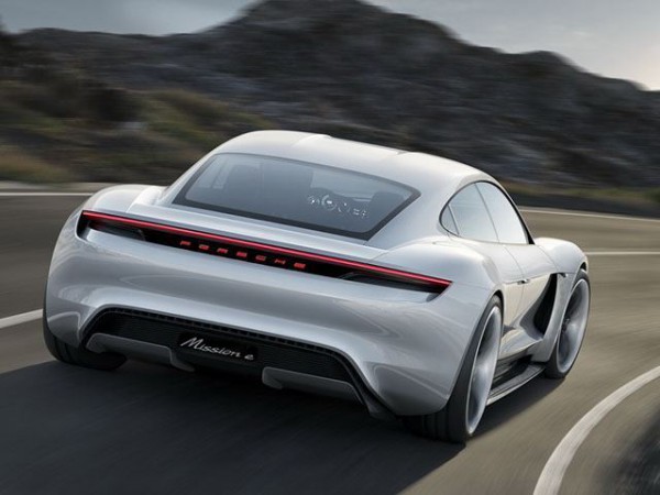 Porsche Mission E concept rear three quarters in motion