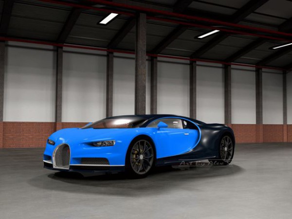 Bugatti Chiron rendering front three quarters blue version