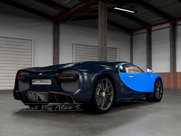 Bugatti Chiron rendering rear side three quarters blue version