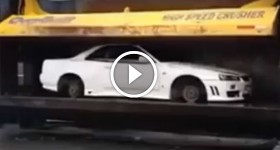 Nissan Skyline R34 GT-R being destroyed-crushed