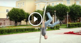 Incredible stunt on stairs. Amazing ladder act