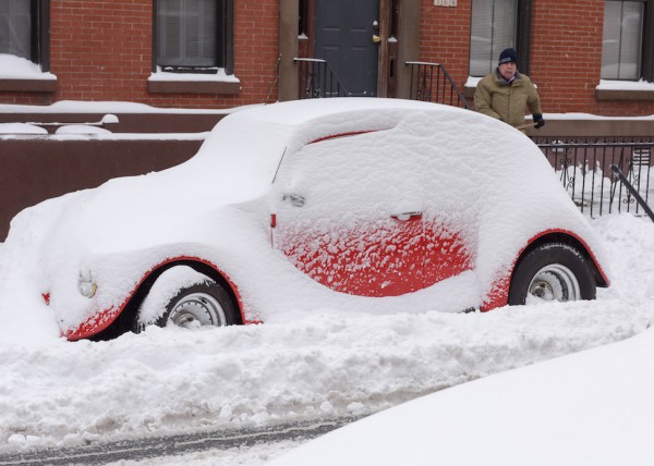 snow covered vw beetle