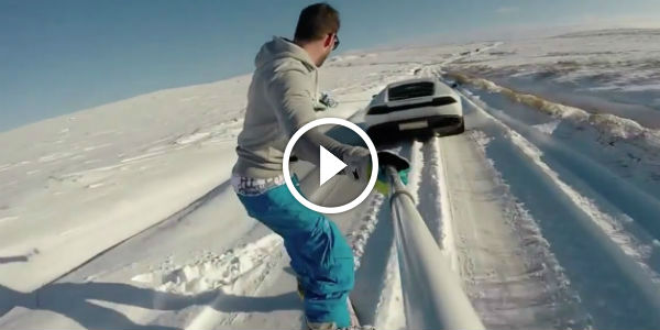 Snowboarding off the back of a Lamborghini Huracan! - cl