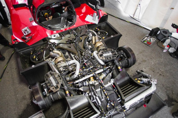 top view on installed 2015 Nissan GT-R LM NISMO LMP1 engine