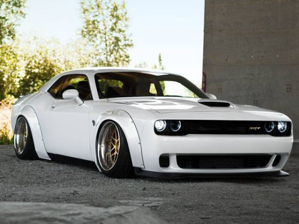 Liberty Walk kit for Dodge Challenger SRT Hellcat front three quarters view