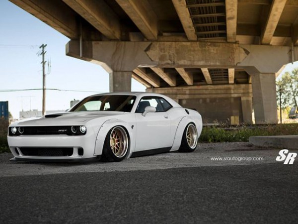 Liberty Walk kit for Dodge Challenger SRT Hellcat front three quarters view left side