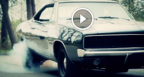 Kim doing a burnout in a 68 Dodge Charger