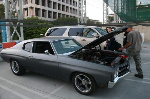 Dom Toretto's 1970 Primer Chevrolet Chevelle SS front three quarters open hood