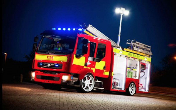 British fire engine with mad low front three quarters