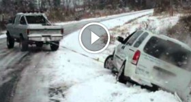 1979 Ford F250 pulling van out of ditch in snow