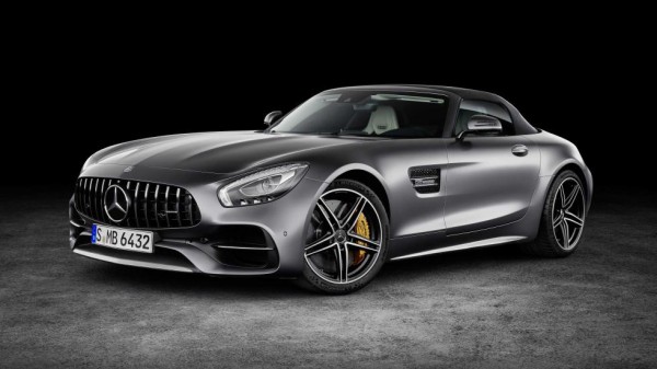 Mercedes AMG GT C Roadster front three quarters roof top on