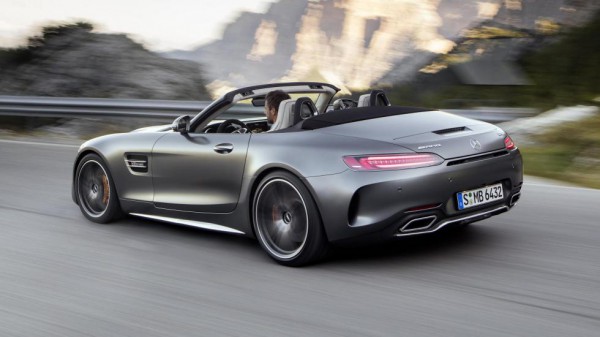 Mercedes AMG GT C Roadster rear three quarters in motion